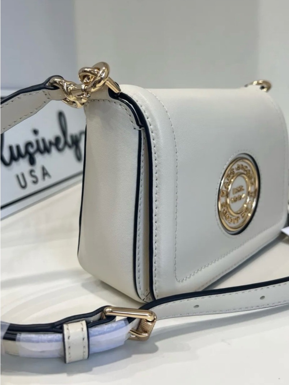 MARC JACOBS Insignia Small Full Flap Logo Shoulder crossbody Bag Cream
